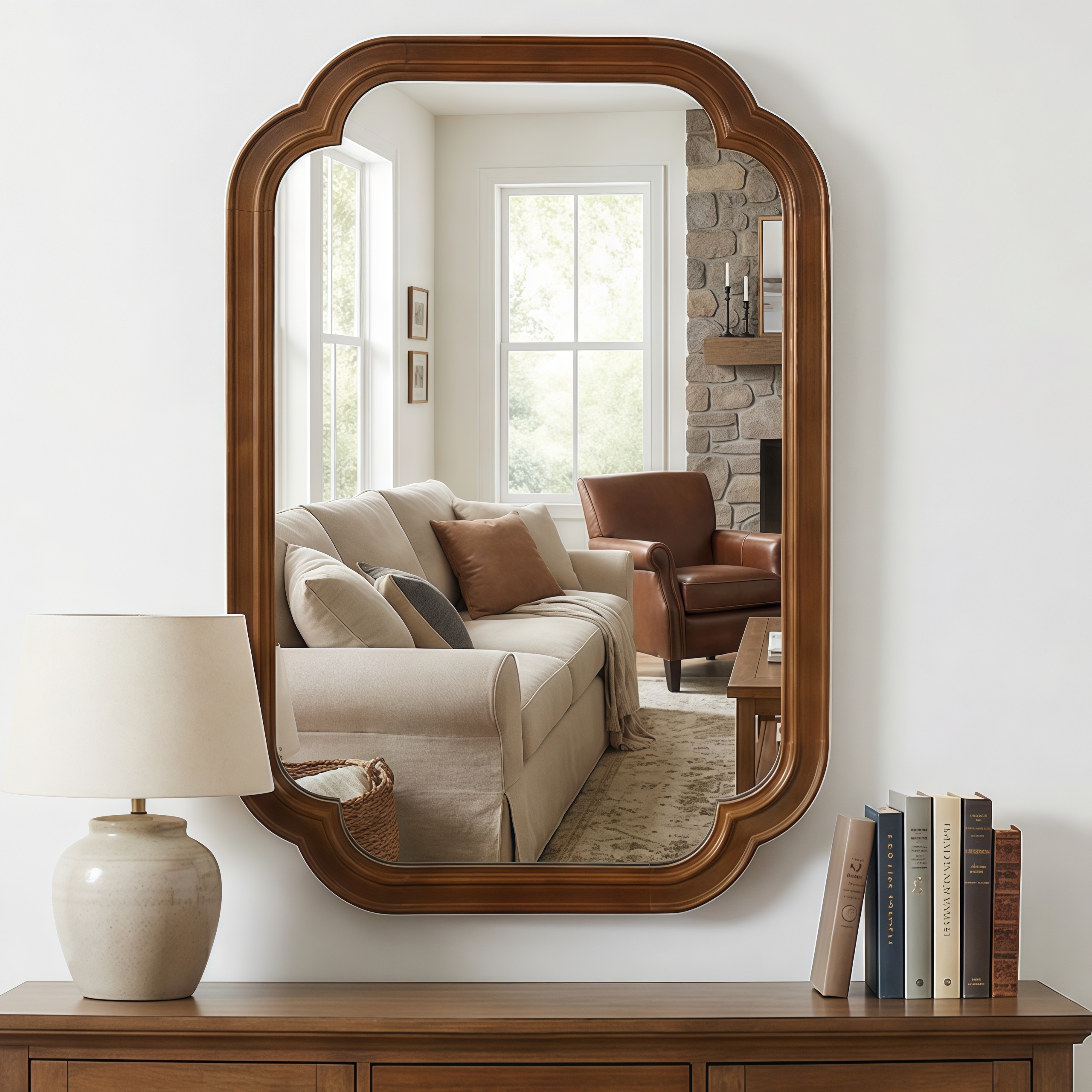 Black Walnut Color 20" x 30" Solid Wood Frame Rounded Corner Decorative Mirror, For Bedroom, Bathroom, Living Room, Entryway