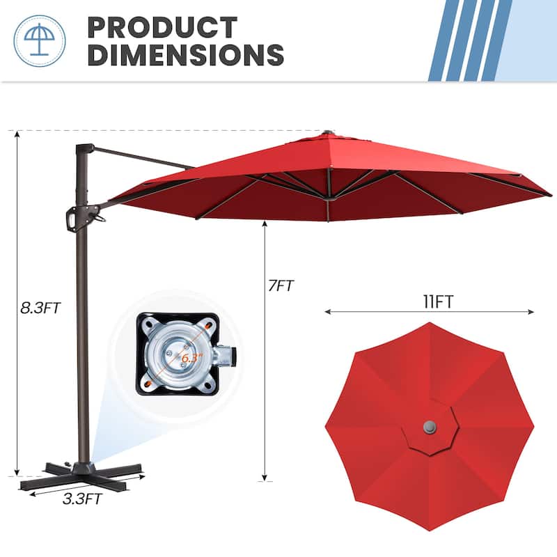 Outdoor 11 Ft Patio Cantilever Offset Umbrella with 360 Degree Rotation