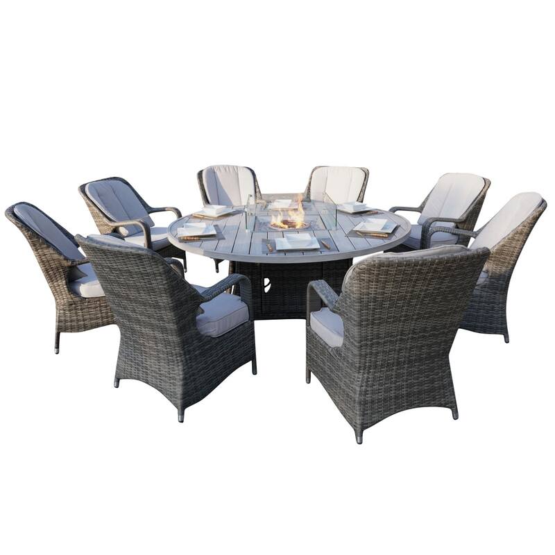 9 Pieces Outdoor Wicker Gas Fire Pit Dining Set Round Table with Chairs