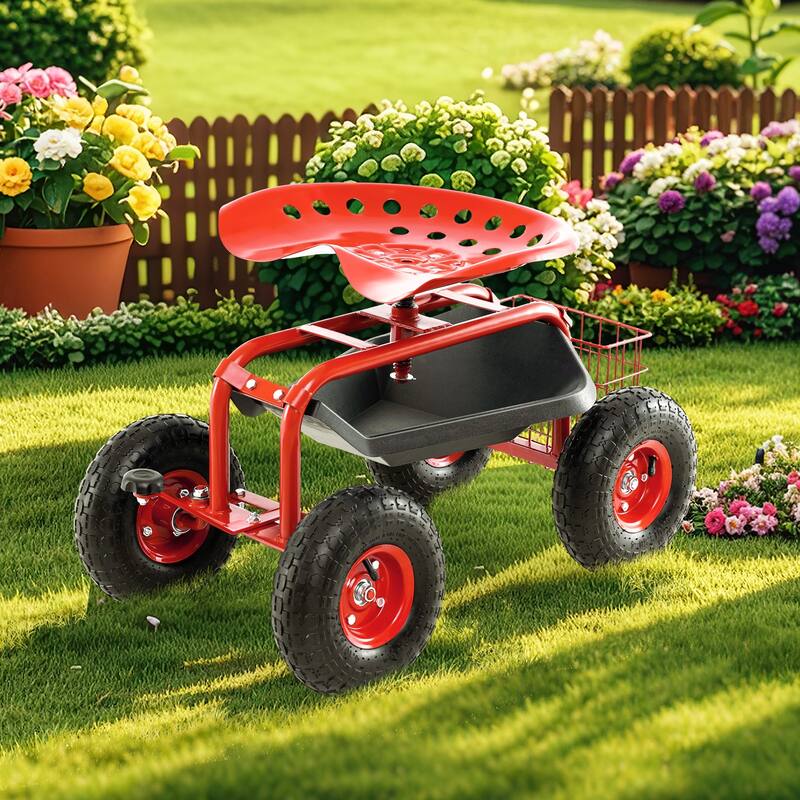 Gymax Cart Wagon Rolling Work Seat w/ Tool Tray Basket Planting Patio