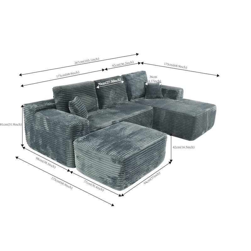 U-Shaped Sectional Couch Boneless Corduroy Couch with Chaise ‌and Ottoman‌, Upholstered Modular Lounger Sofa