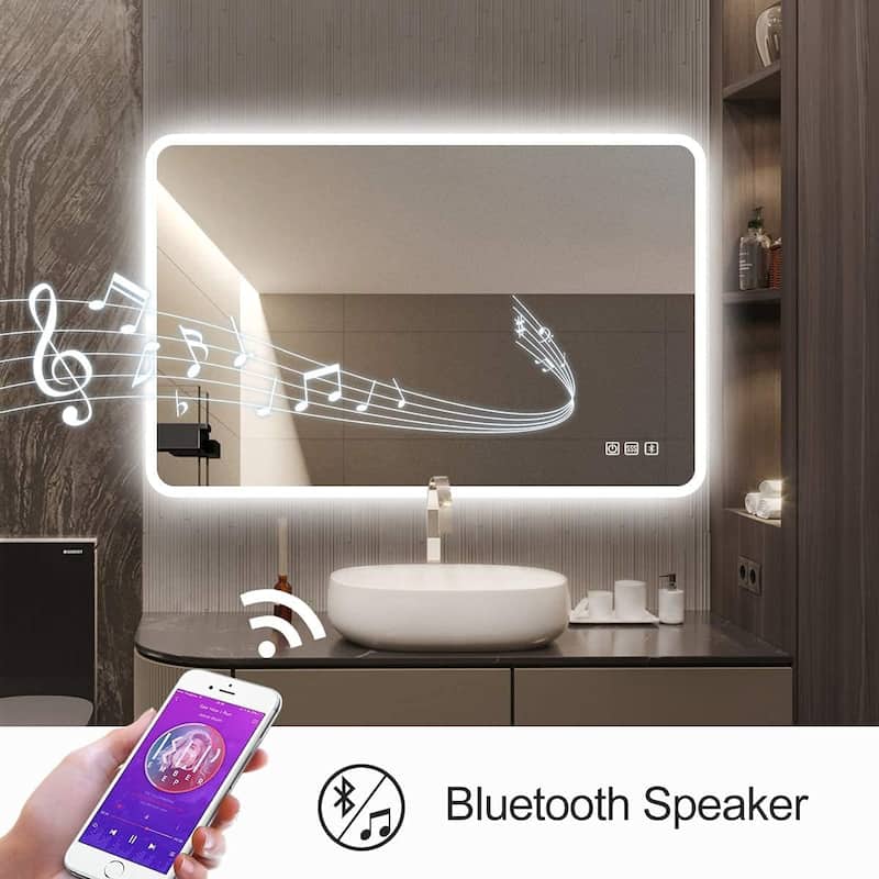 Rectangular Wall-Mounted Dimmable LED Bathroom Vanity Mirror with Defogger and Bluetooth Music Speaker