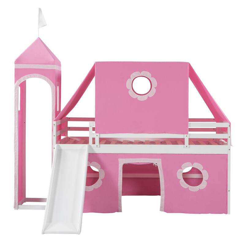 Twin Size Loft Bed with Slide & Pink Tent Tower - Playful & Practical