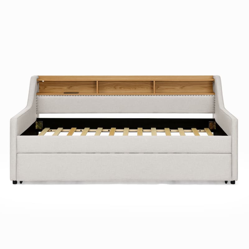 Linen Upholstered Bedframe Twin Daybed with Foldable Leg Pull Out Trundle, LED Lights, Storage Headboard and Wireless Charging