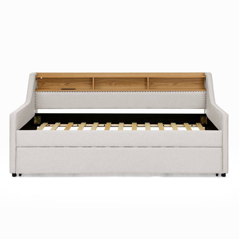 Twin Size Linen Daybed with Wireless Charging,Storage Headboard and Pull up Trundle