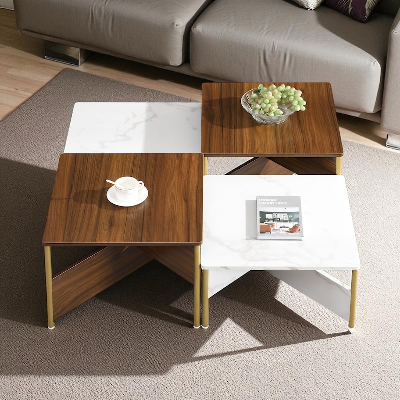 Modern Nesting Coffee Table Set of 4, Square Accent Tables with Adjustable Shape, Marble Finish & Metal Legs