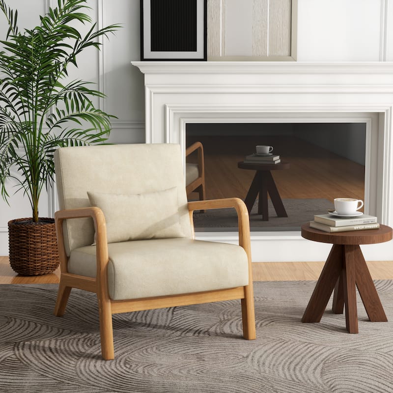 Mid Century Modern Upholstered Accent Chair with Pillow - Cream/PU/Natural Wood