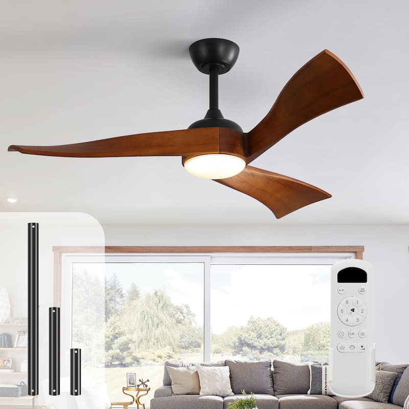 52" Solid Wood Noiseless 3-Blade Ceiling Fans with Dimmable LED Light Optional and Remote, 6-Speed Reversible DC Motor