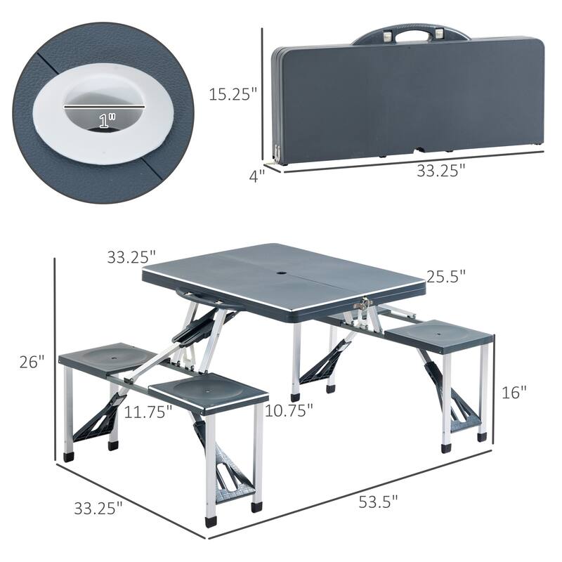 Portable Folding Picnic Table with Seats and Umbrella Hole, Multipurpose Table with Camping Chairs Set, 4-Seat, Aluminum Frame