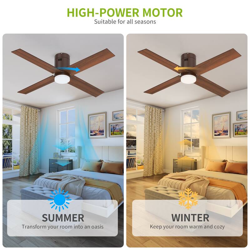 52" Flush Mount Ceiling Fan with Light and Remote, Modern for Indoor DC Motor