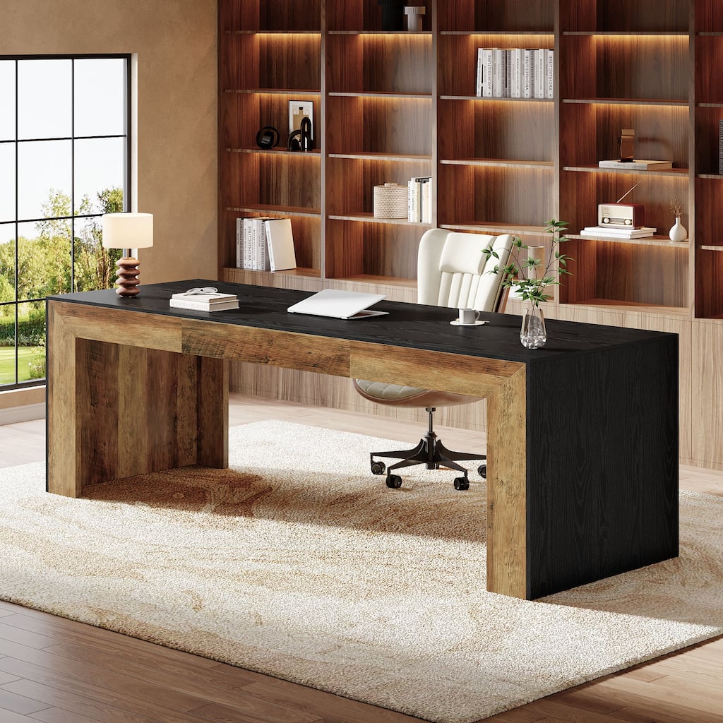 Wood Executive Desk Workstation, 78.7" Computer Desk, Home Office Writing Gaming Table Accent Desk