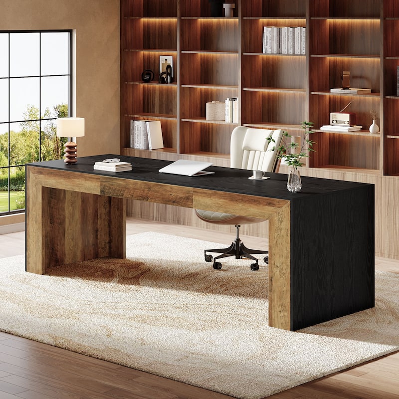 Wood Executive Desk Workstation, 78.7" Computer Desk, Home Office Writing Gaming Table Accent Desk - Black+Brown