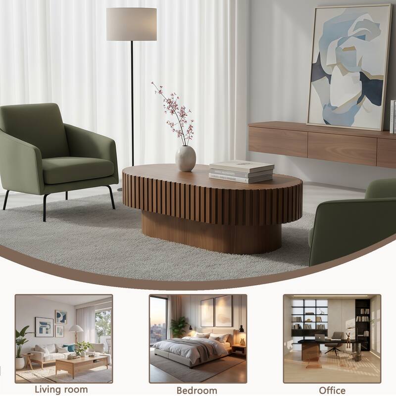 Oval Coffee Table for Living Room, Mid Century Modern Wooden Table with Pedestal, Unique Drum Tea Table Side Center Table