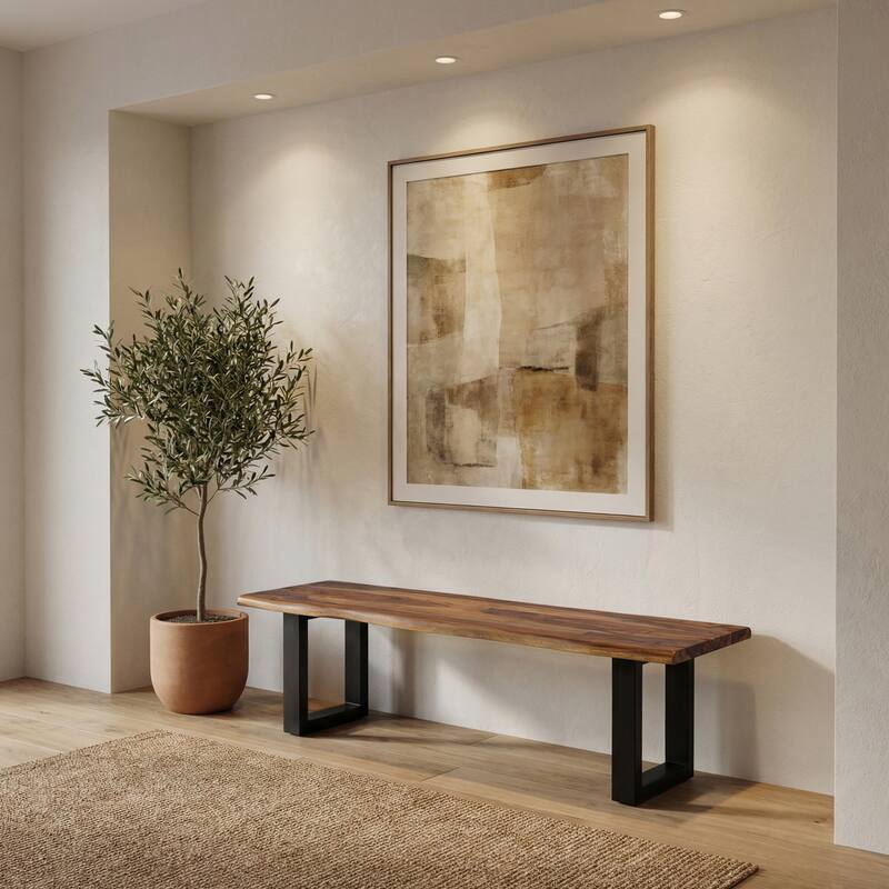 64 in. Brown Solid Wood Accent Bench with Metal Frame