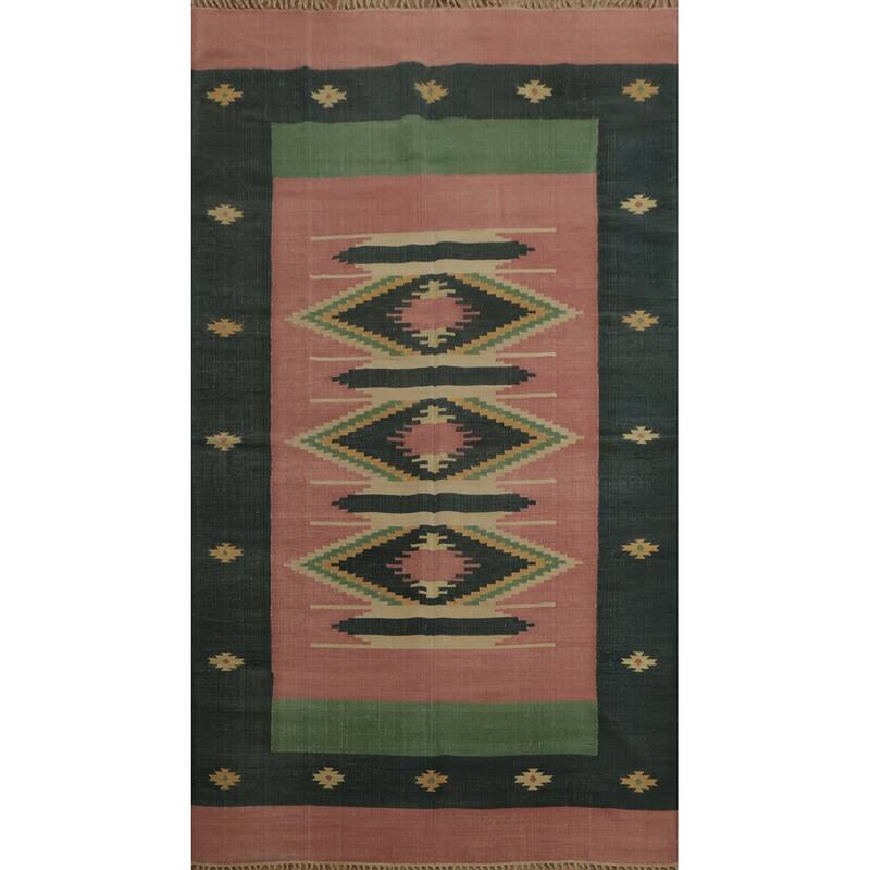 Hand Woven Oriental 100% Wool Carpet Southwestern Geometric Pink Kilim Area Rug - 8' 4'' X 5' 4''