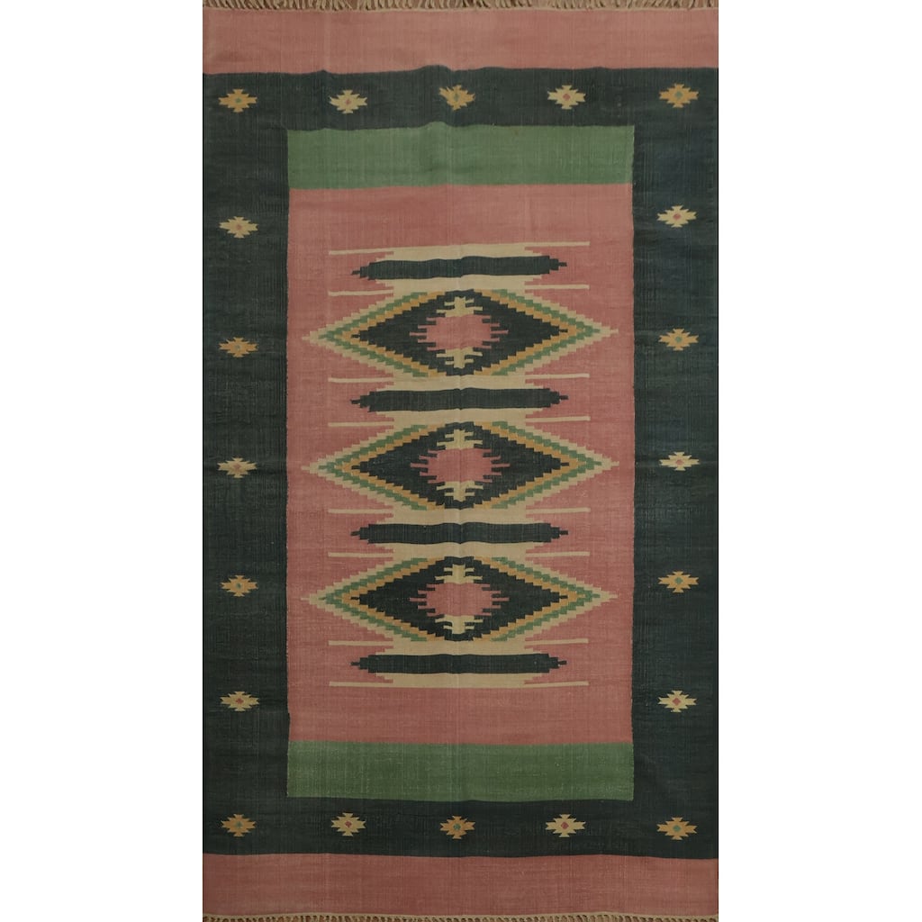 Hand Woven Oriental 100% Wool Carpet Southwestern Geometric Pink Kilim Area Rug - 8' 4'' X 5' 4''