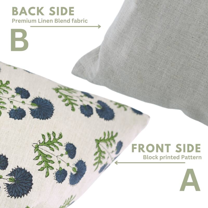 Fabdivine Rectangle Pillow Cover with Flower Block Print for Cozy Throw Home Blue Soft Linen 14x36 Inch Cushioncase, Rishi