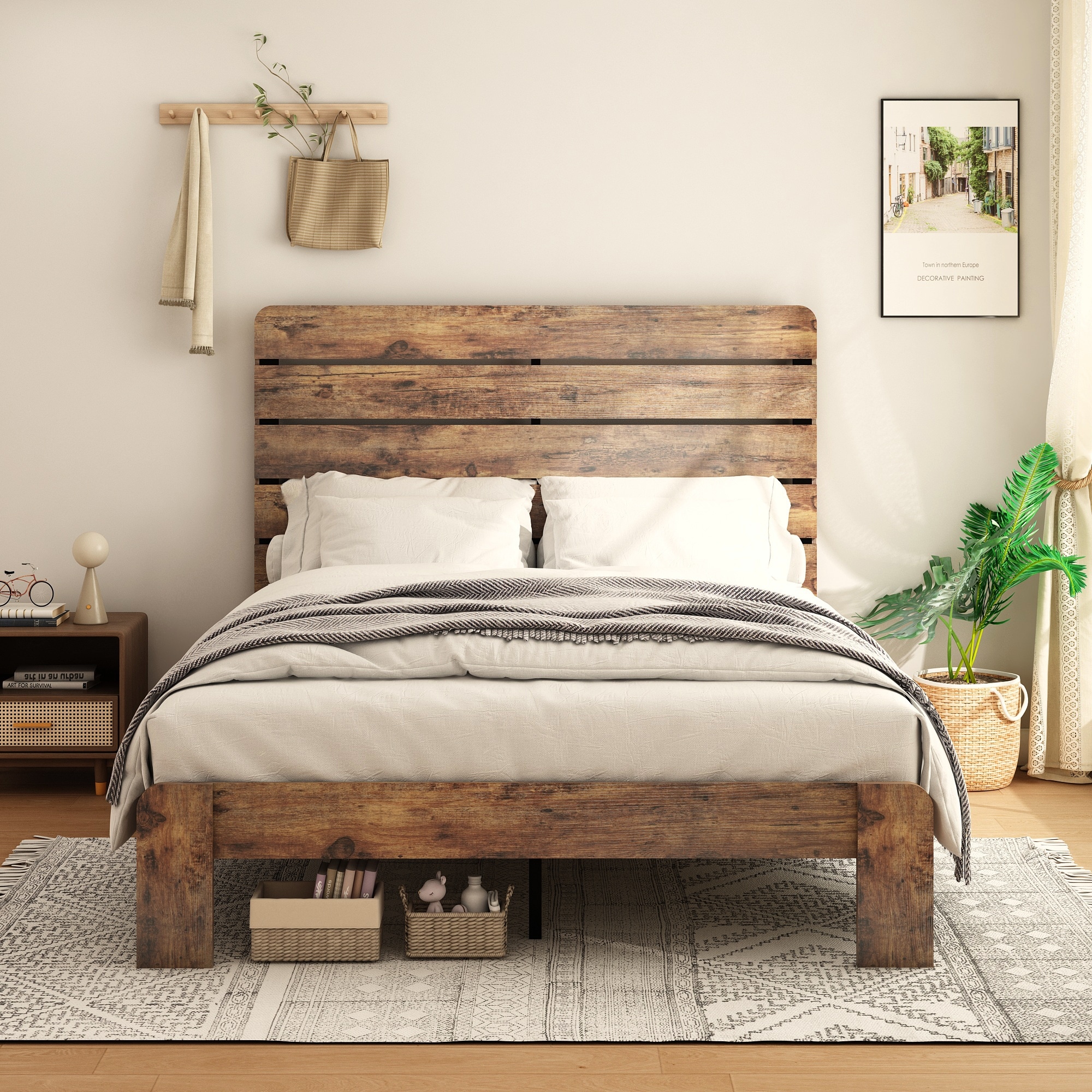 Dark Brown Bed Frame Wood Platform Bed Frame with 51"H Headboard/Black Metal Frame/Wood Slats Support/Noise Free/Easy Assembly