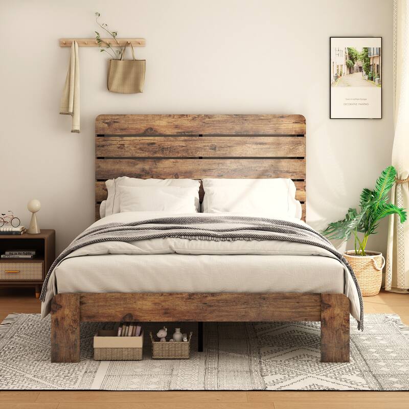 Wooden Bed Frame Full/Queen/King Size Platform Bed with Headboard and Wood Slats Support Mattress Foundation, Under Bed Storage