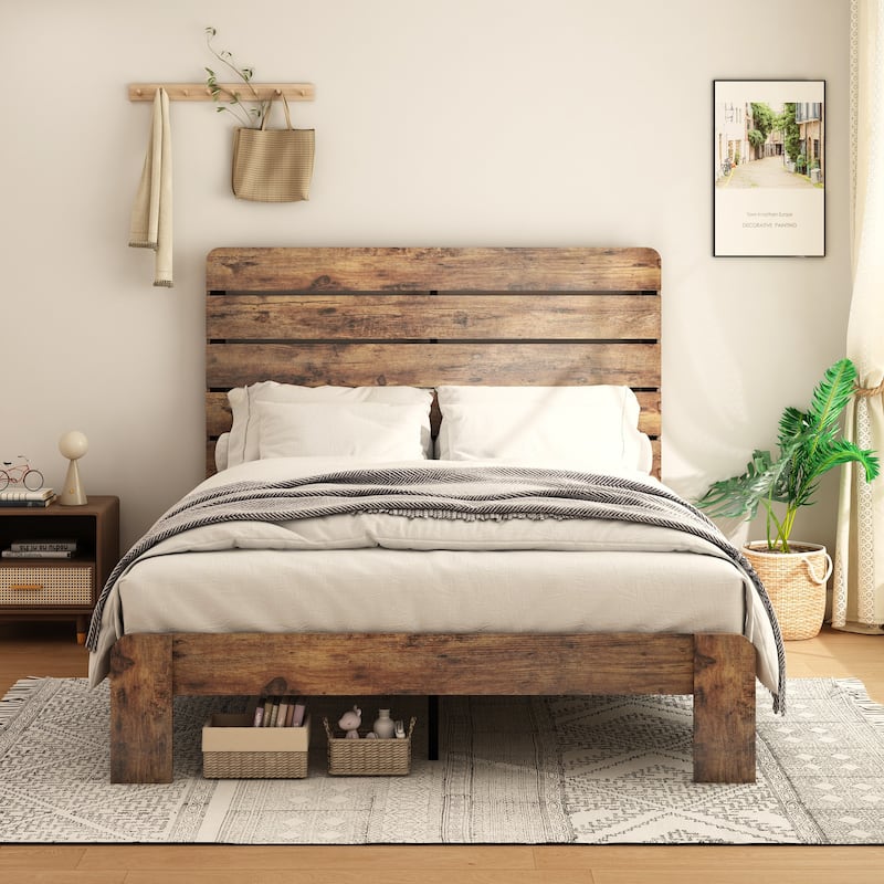 Wooden Platform Bed Frame with Headboard & Large Under Bed Storage - King