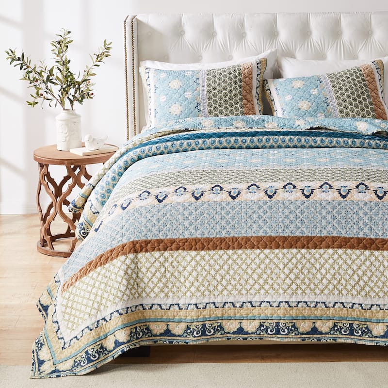 Greenland Home Fashions Thalia Velvet-Embellished Cotton Quilt Set - Blue 2PC - Twin