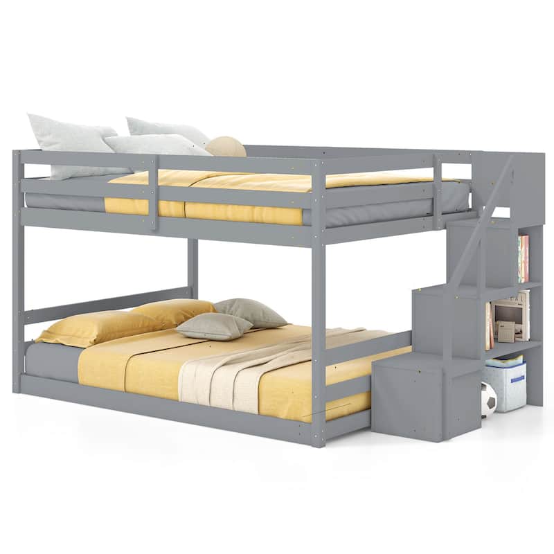 Costway Full Over Full Low Bunk Bed with Storage Stairs with