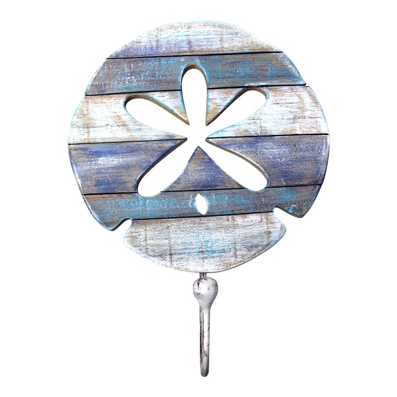 Blue and White Coastal Sand Dollar Single Hook Wall Hanger Carved Wood - Multi