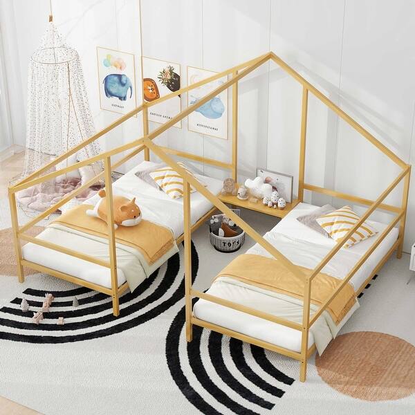 slide 2 of 8, Metal Double Twin Triangular House Platform Bed Frame w/ Built-in Table Gold - Twin
