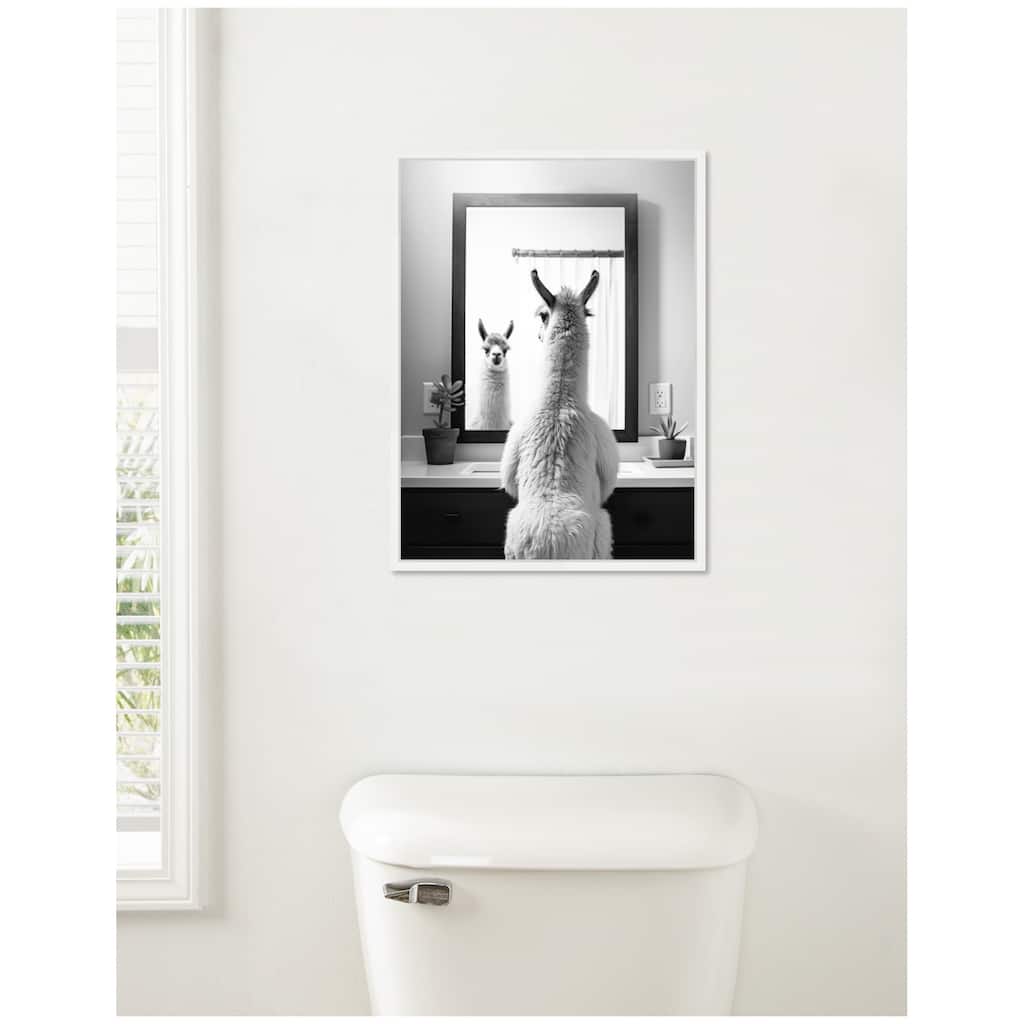 Kate and Laurel Sylvie Llama Bathroom Art Mirror Black and White Framed Canvas by The Creative Bunch Studio