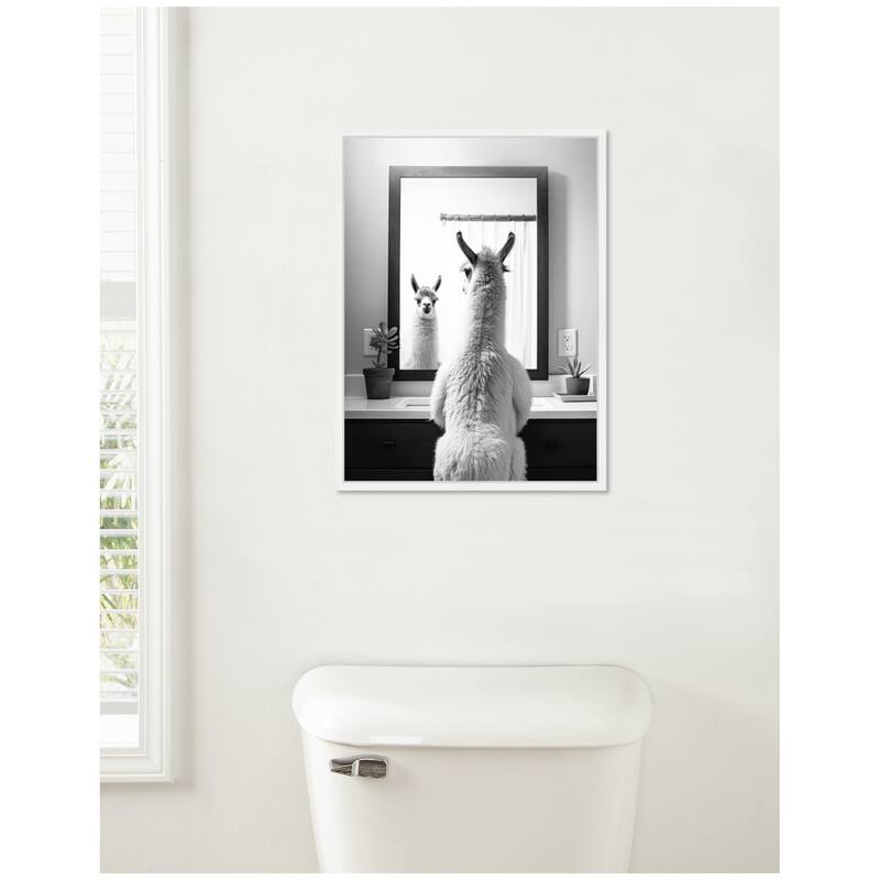 Kate and Laurel Sylvie Llama Bathroom Art Mirror Black and White Framed Canvas by The Creative Bunch Studio