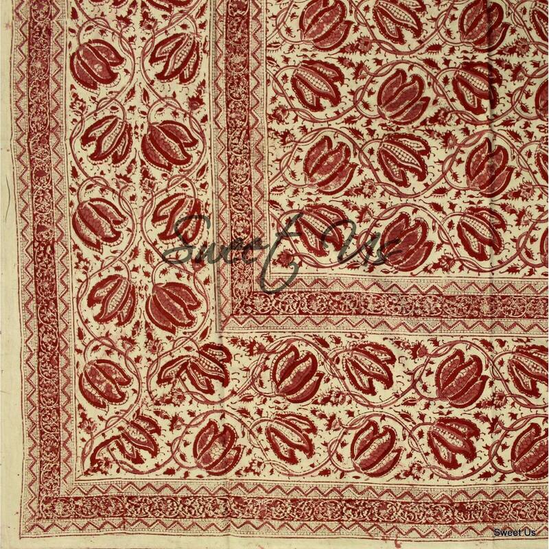 Cotton Vegetable Dye Block Print Rustic Vintage Floral Tablecloth