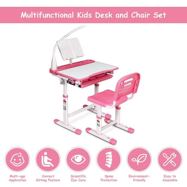 Ergonomic Childrens Study Desk Chair Set Height Adjustable Metal Frame Pink Kids Furniture Chairs Seats
