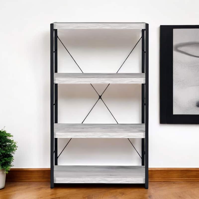 HomeRoots 43" Antiqued White And Black Metal and Wood Four Tier Etagere Bookcase - White