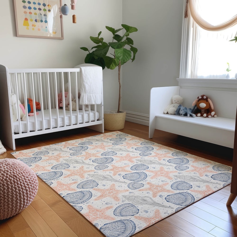 Premium Washable Super Soft Starfish Seashells Coastal Mayfield Rug