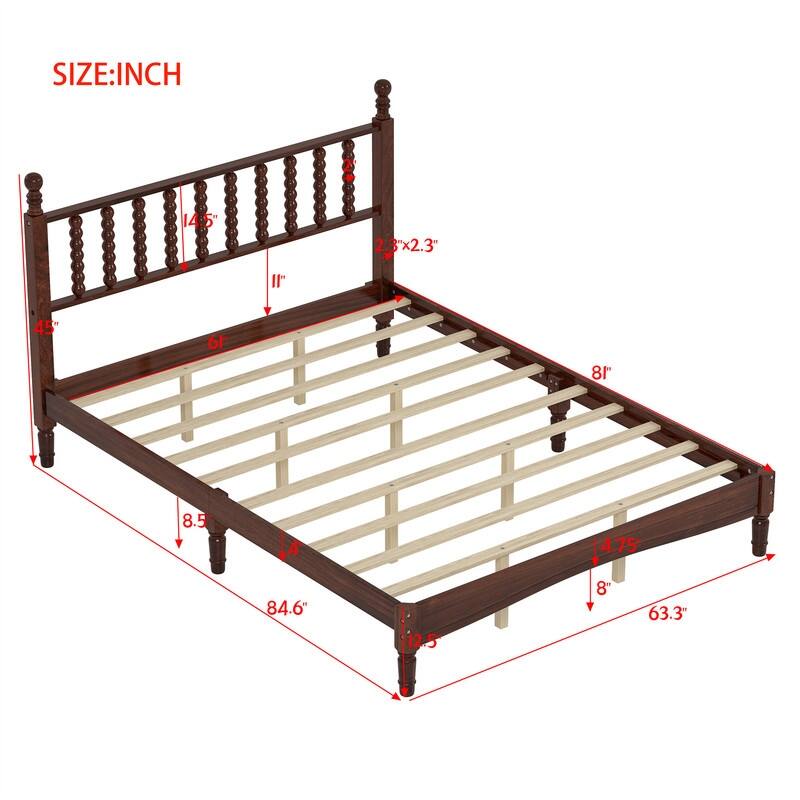 Queen Size Wood Platform Bed with Gourd Shaped Headboard, Retro Style Bed Frame with Wooden Slat Support