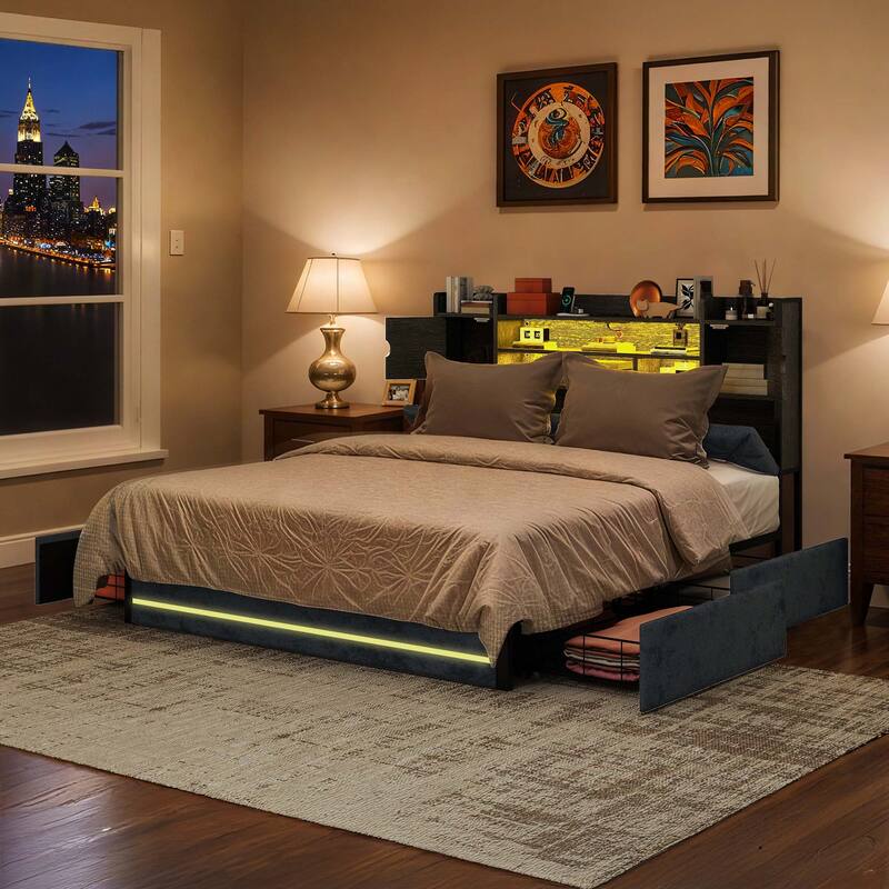 Velvet Upholstery Bed Frame With 4 Underbed Storage Drawer, LED Lights And Charging Station