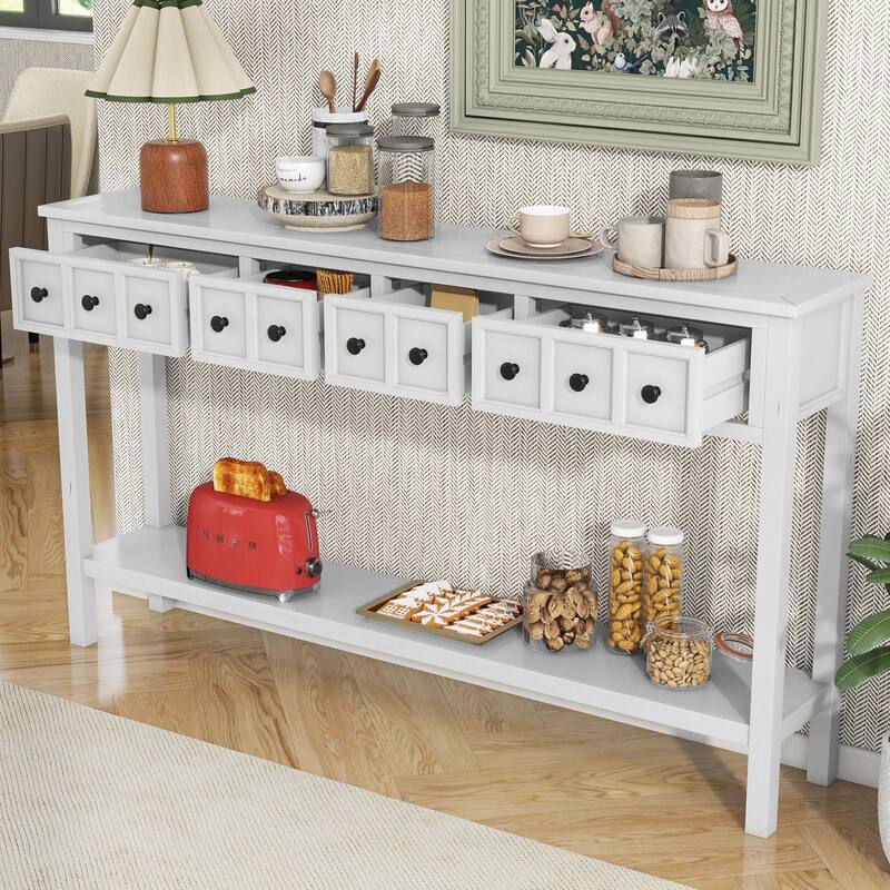 60" Rustic Entryway Console Table with Two Drawers and Bottom Shelf