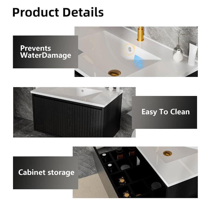 30 Inch Wall Mounted Bathroom Vanity with Ceramic Sink, Floating Cabinet with Drawers, Modern Fluted Design