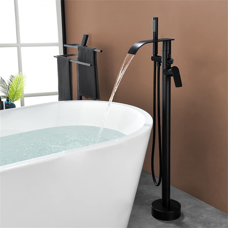 Floor Mount Tub Faucet Matte Black Modern Single Handle Freestanding Bathtub Filler Waterfall