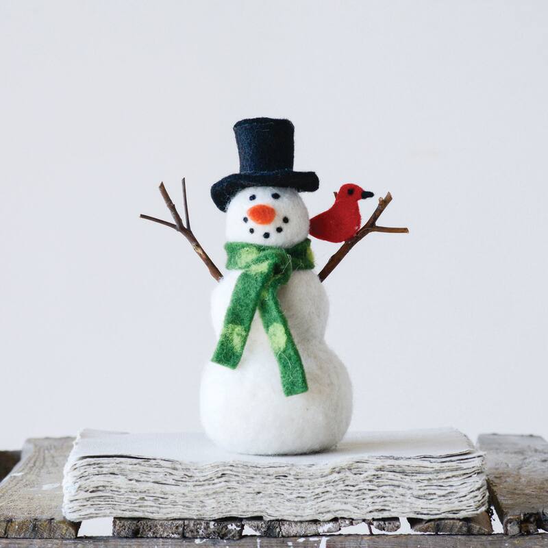 Felt Snowman and Cardinal Figurine - White - White