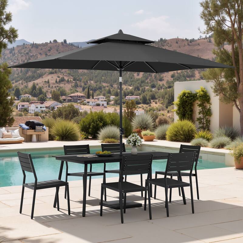 9 PC Outdoor Patio Dining Set Wood-Like Aluminum Umbrella Hole Table with Stackable Chairs,Double Top Market Umbrella and Base - BlackTable&BlackChairs&BlackUmbrella