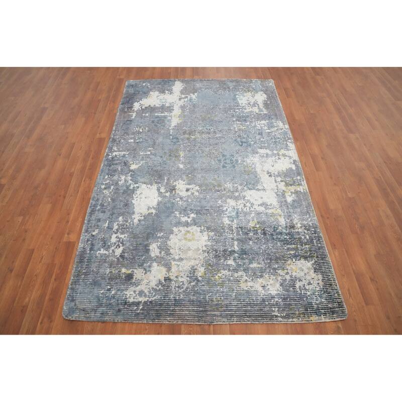 Hand Knotted Oriental Viscose Silk Carpet Modern All-Over Greys & Charcoal Abstract Area Rug - 7' 11'' X 5' 0''