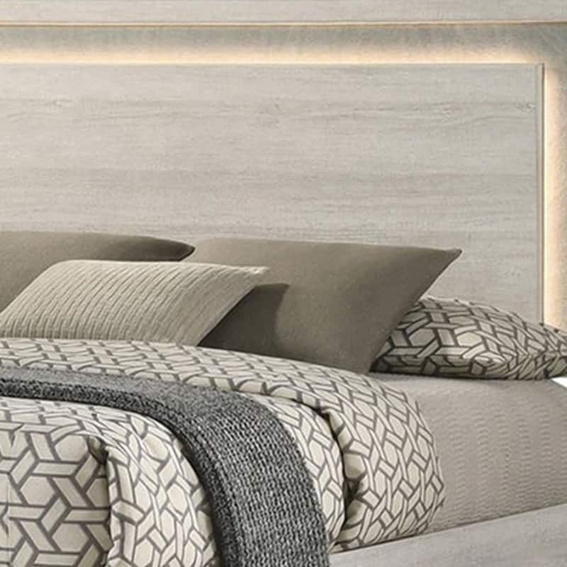 Nomi King Size Bed w LED on Headboard, Antique White Wash Finsih