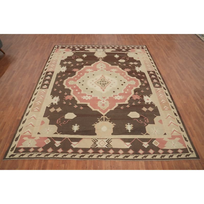 Hand Woven Oriental 100% Wool Carpet Southwestern Tribal Brown Kilim Area Rug - 11' 5'' X 9' 8''