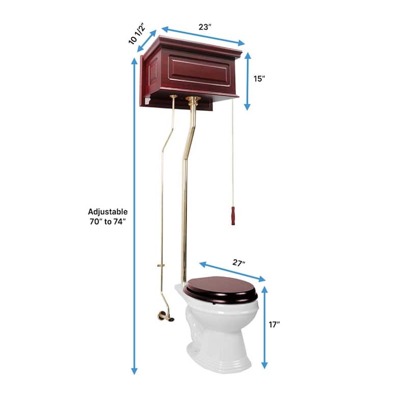 High Tank Toilet - Cherry Wooden Tank, Elongated White Bowl and Brass L Pipes Renovators Supply - White