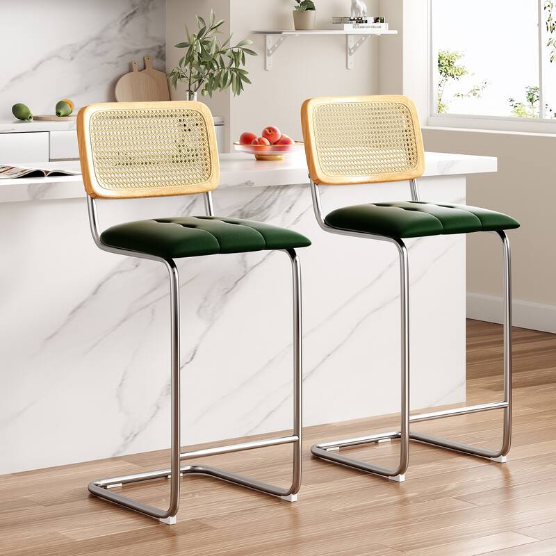 Counter Height Bar Stools Set Of 2, Upholstered Barstools With Rattan Back,30 Inch Stools Armless Bar Chairs