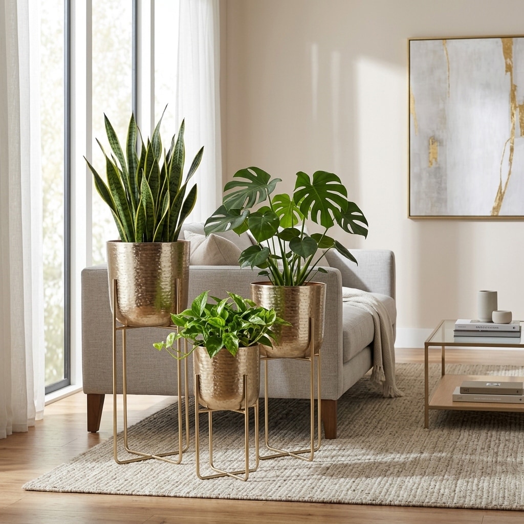 Modern Round Metal Iron Planters on Stand - Set of 3