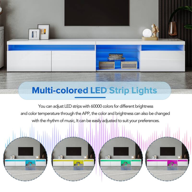 Unique TV Stand with Adjustable LED Lights and 2 Glass Shelves, Media Console for TVs Up to 105"