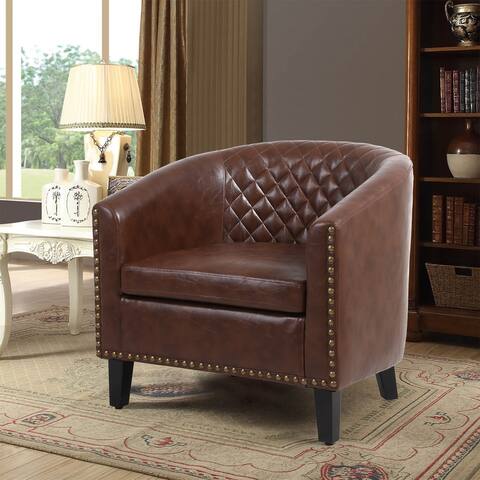 Modern Accent Leisure Barrel Chair with Nailheads & Solid Wood Legs