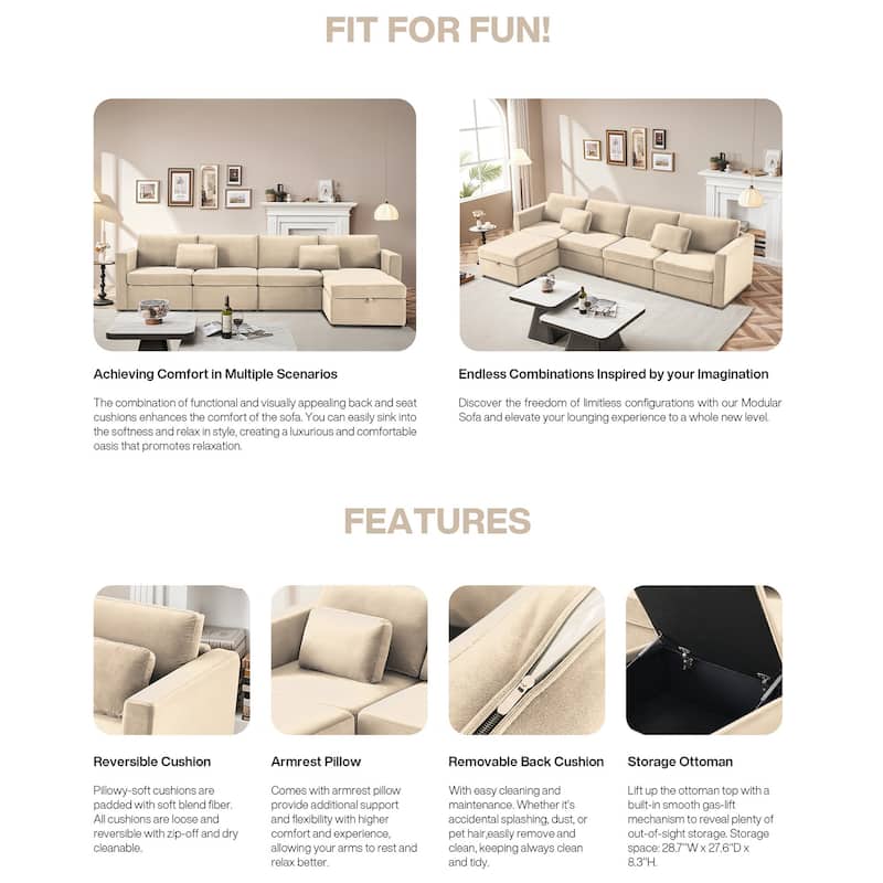 Modern Cotton Linen L-Shape Sectional Sofa, Oversized Upholstery Sectional Sofa, Chaise Couch with Storage Ottomans for Living R